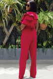 Red Solid zipper Patchwork Polyester Short Sleeve O Neck Jumpsuits