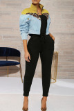 Light Blue Street Leopard Patchwork Turndown Collar Outerwear
