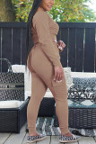 Camel Casual Solid Split Joint O Neck Long Sleeve Two Pieces