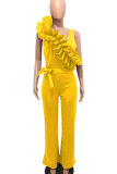Yellow Drawstring Sleeveless High Solid ruffle Straight Pants Jumpsuits & Rompers