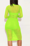 Fluorescent green Cap Sleeve Long Sleeves O neck Pencil Dress Knee-Length Patchwork Print Dresses