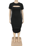 Black Solid Hollowed Out Half A Turtleneck Pencil Skirt Plus Size Dresses