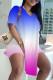 Purple Fashion Casual Gradual Change Print Slit V Neck Short Sleeve Two Pieces