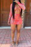 Red Fashion Sexy Print Tie-dye Strap Design V Neck Long Sleeve Two Pieces