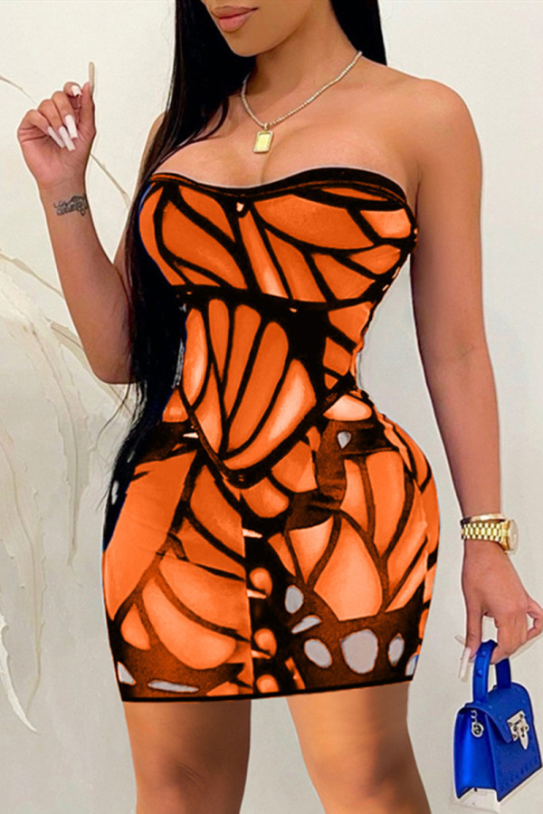Orange Fashion Sexy Print Backless Strapless Sleeveless Dress Dresses