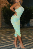 Light Green Fashion Sexy Print Tie Dye Backless Fold Halter Sleeveless Dress