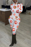 Multicolor Living Print Patchwork Turtleneck Long Sleeve Two Pieces
