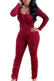 Wine Red Sexy Polyester Solid Split Joint Fold U Neck Long Sleeve Regular Sleeve Short Two Pieces