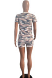 Pink Polyester Fashion Casual adult Ma'am Patchwork Print Camouflage Two Piece Suits pencil Short Sleeve Two Pieces