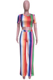 Rainbow color Casual Print Loose Short Sleeve Two-piece Pants Set