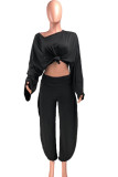 Black Polyester Casual Solid Split crop top Loose Long Sleeve Two Pieces