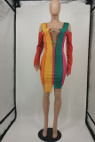 Deep Blue Fashion Sexy Patchwork Hollowed Out Strap Design Asymmetrical O Neck Long Sleeve Dress