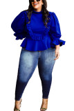 Royal blue Fashion Casual Adult Polyester Solid Split Joint Flounce O Neck Tops