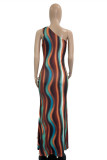 Multi-color Fashion Sexy Print Hollowed Out Backless One Shoulder Sleeveless Dress