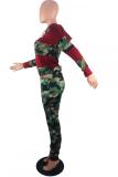 Red adult Casual Fashion Print Two Piece Suits Patchwork Camouflage Straight Long Sleeve