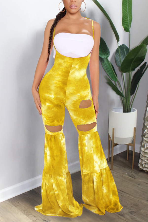 Yellow Casual Patchwork Tie-dye Spaghetti Strap Boot Cut Jumpsuits