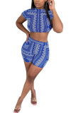 Blue venetian Fashion Casual adult Ma'am Print backless Two Piece Suits pencil Short Sleeve Two Pieces