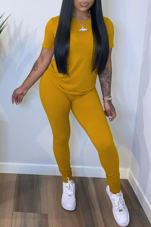 Yellow Casual Solid Patchwork O Neck Short Sleeve Two Pieces