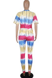 Yellow and blue Polyester Fashion Casual adult Patchwork Print Tie Dye Two Piece Suits pencil Short Sleeve Two Pieces