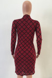 Wine Red Sexy Long Sleeves O neck Sheath Knee-Length Mini Geometric Club Dresses