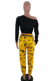 Yellow Casual Polyester Print Letter Oblique Collar Long Sleeve One Shoulder Short Two Pieces