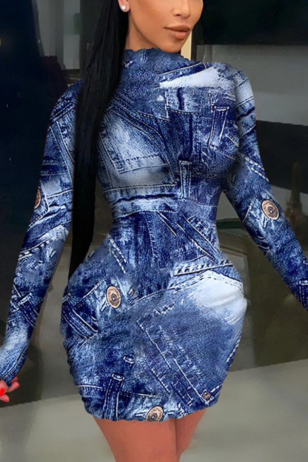 Blue Sexy Print O Neck Pencil Skirt Dresses
