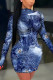 Blue Sexy Print O Neck Pencil Skirt Dresses