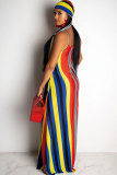 Multi-color Polyester Fashion Sexy Spaghetti Strap Sleeveless Slip A-Line Floor-Length Print Patchwork Striped