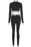 White Casual Print Letter Zipper Collar Long Sleeve Two Pieces