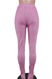 Pink Polyester Elastic Fly High Split Skinny Pants Bottoms