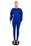 Dark Blue Casual Solid O Neck Long Sleeve Two Pieces
