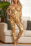 Yellow Sexy Living Polyester Knitting Character Print Buttons V Neck Skinny Jumpsuits