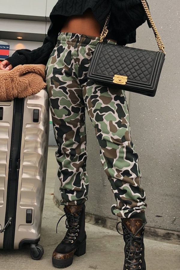 Camouflage Casual Print Camouflage Print Without Belt Regular Mid Waist Pencil Bottoms