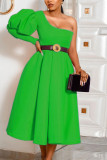 Red Fashion Casual Solid Without Belt Oblique Collar Dresses