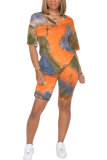 Blue Polyester Fashion Sexy adult Patchwork Print Tie Dye Two Piece Suits Straight Short Sleeve Two Pieces