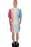 Multicolor Casual Striped Patchwork Draw String V Neck Pleated Dresses