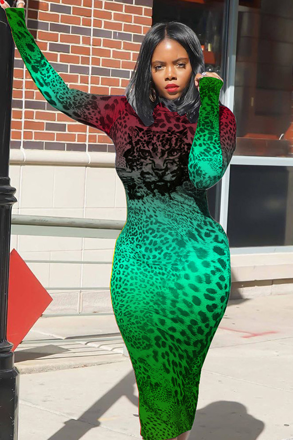 Green OL Cap Sleeve Long Sleeves half high collar Step Skirt Knee-Length Leopard Print