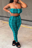 Cyan Sexy Casual Plaid Print Backless Strapless Sleeveless Two Pieces