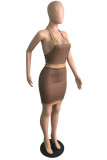 Brown Fashion Patchwork Backless Halter Sleeveless Dress