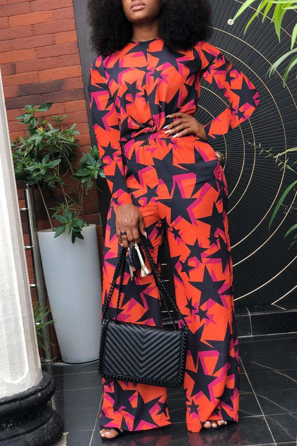 Orange Red Fashion Print Without Belt O Neck Jumpsuits