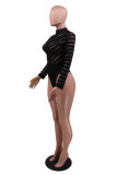 Black Fashion Sexy Patchwork See-through Half A Turtleneck Skinny Romper