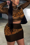 Leopard Print Sexy Print O Neck Long Sleeve Two Pieces