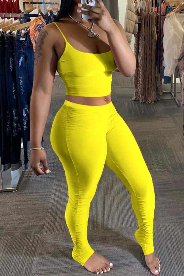 Yellow Sexy Solid pencil Sleeveless Two Pieces