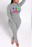 Grey Casual Letter Print Patchwork O Neck Long Sleeve Two Pieces