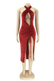 Red Fashion Sexy Solid Hollowed Out Backless Slit Halter Sleeveless Dress