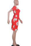 Yellow Polyester Fashion Casual adult Ma'am Red Black Grey Blue Yellow Cap Sleeve Short Sleeves O neck Swagger Knee-Length Print Floral Dresses
