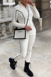 White Casual Sportswear Patchwork Zipper Collar Two Pieces