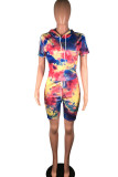 Red and blue Polyester Fashion Street Tie Dye Two Piece Suits pencil Short Sleeve Two Pieces