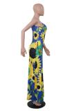 Blue Polyester Casual adult Fashion Spaghetti Strap Sleeveless Slip Pencil Dress Ankle-Length Floral Prin
