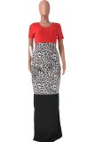Red Sexy Leopard Patchwork V Neck Pencil Skirt Dresses